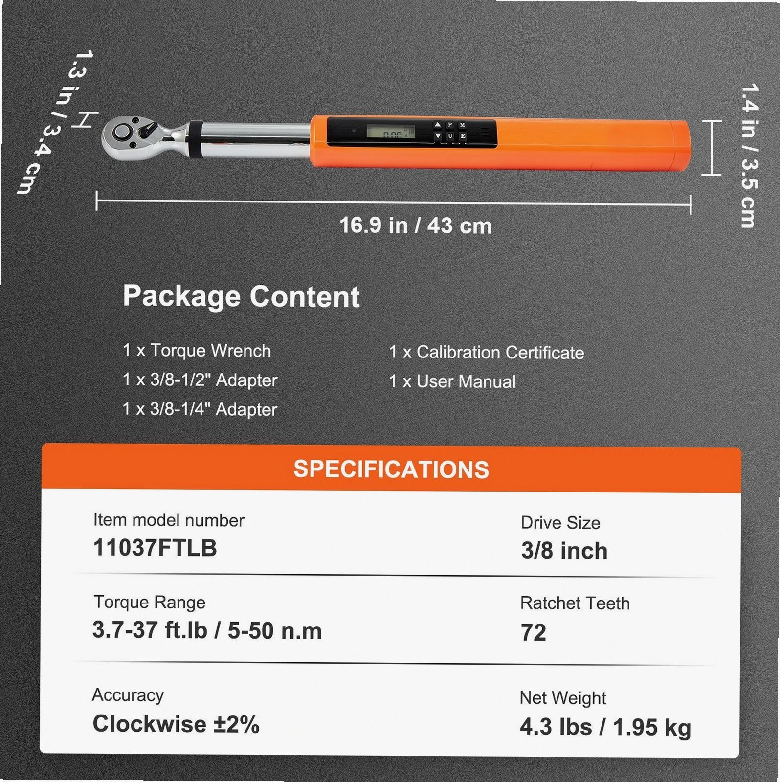 Digital Torque Wrench 3/8 Drive 3.7-37ft.lb ±2% Accuracy 3 Modes