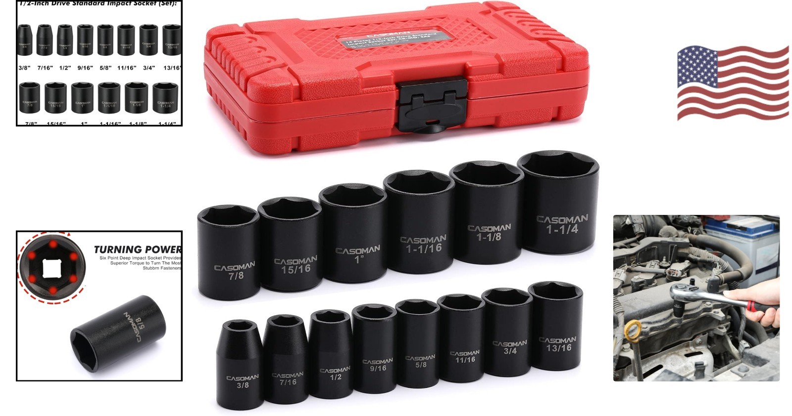 Durable 14-Piece 1/2-Inch Drive Impact Socket Set with Laser Etched Markings