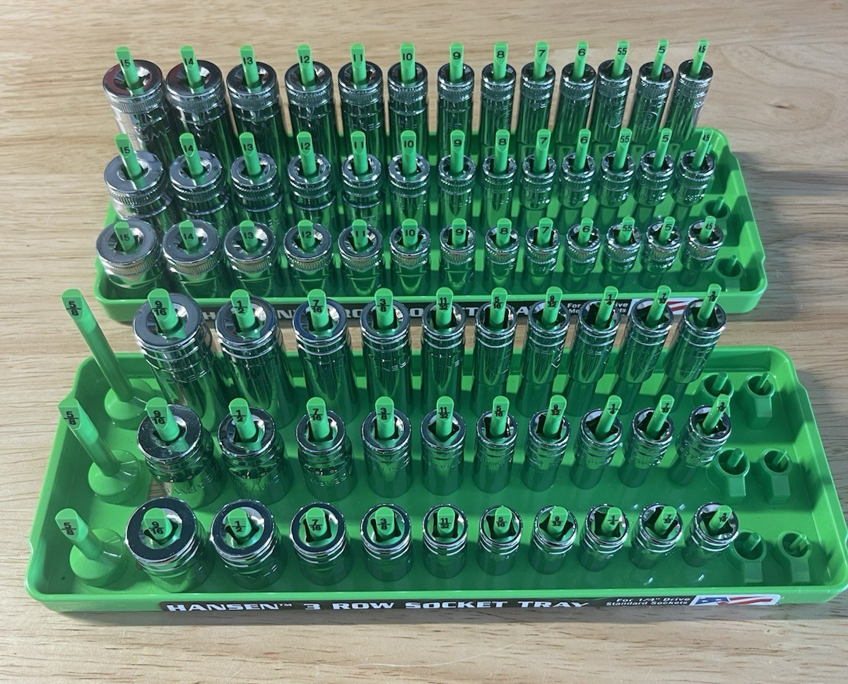 GearWrench 1/4” Metric & SAE Shallow Mid Deep 6 pt Sockets w/ Hansen Trays
