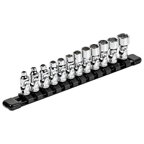 12PCS 1/4-In Drive Metric Flex Socket Set, 6 Point Sockets, Storage Rail Include