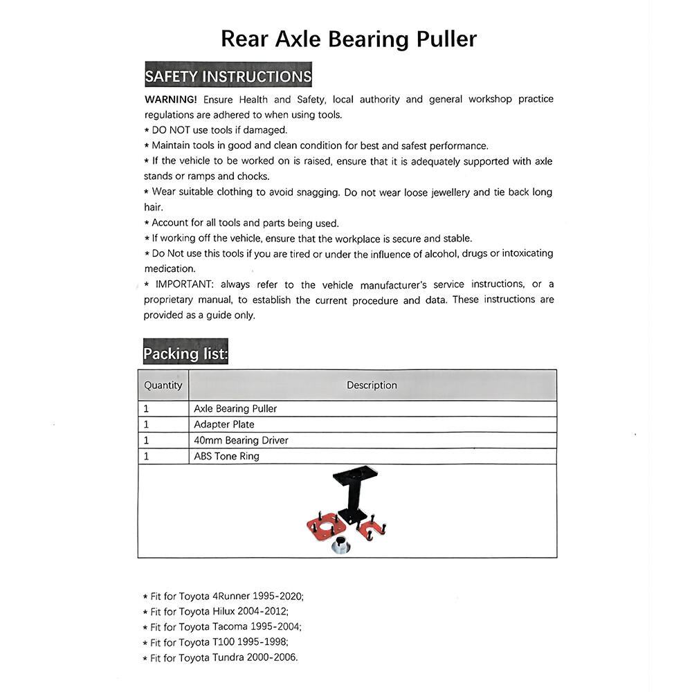 Rear Axle Bearing Puller & Installer Kit ABS Tone Ring Tool for 1995-2020 Toyota