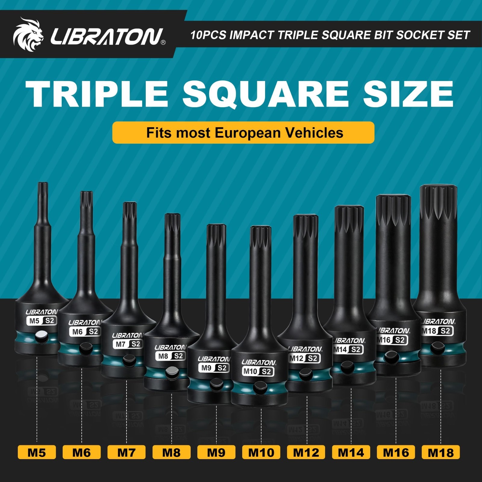 10PCS Triple Square Spline Bit Socket Set, 1/2″ Drive, S2 Steel, Metric M5-M18,