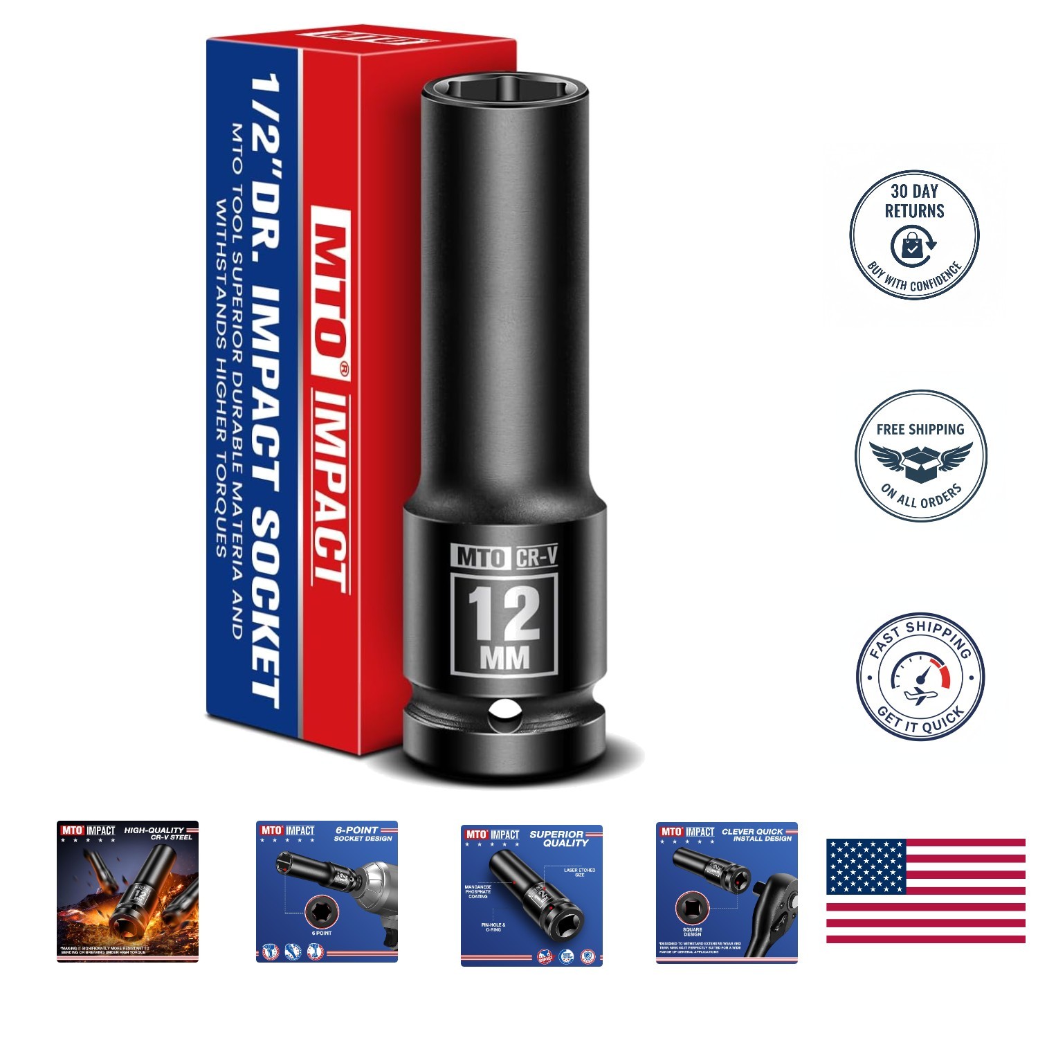 12mm Deep Impact Socket – 1/2″ Drive CR-V Steel, 6-Point Design for Durability