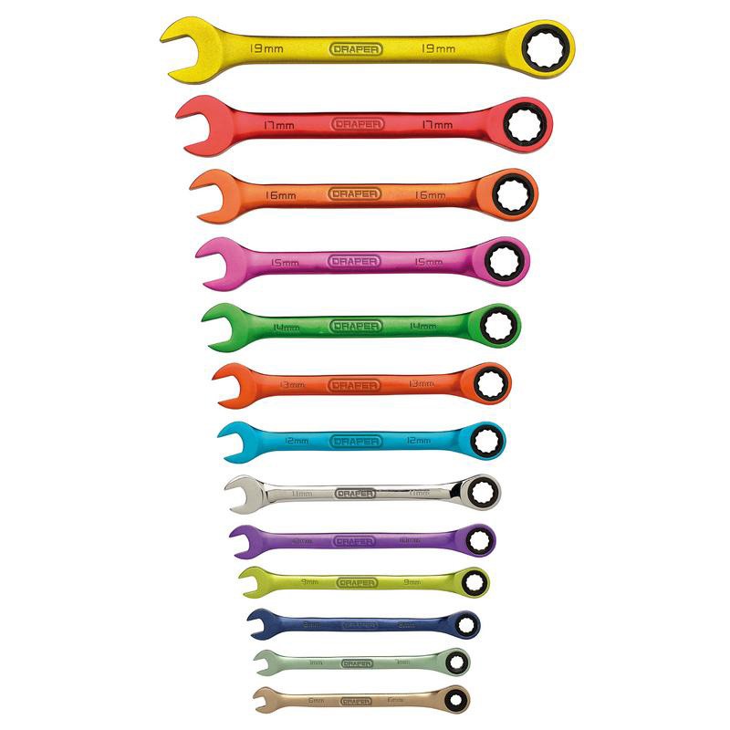 13pc Metric Combination Ratchet Spanner Set Coloured CRV HI-TORQ Draper 07142
