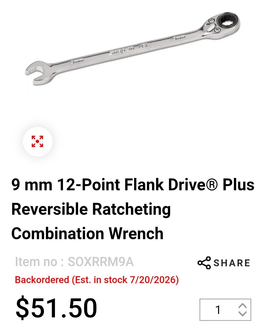 Snap-On 8 & 9mm 12-Pt Flank Dr Reversible Ratcheting Combination Wrench SOXRRM8A