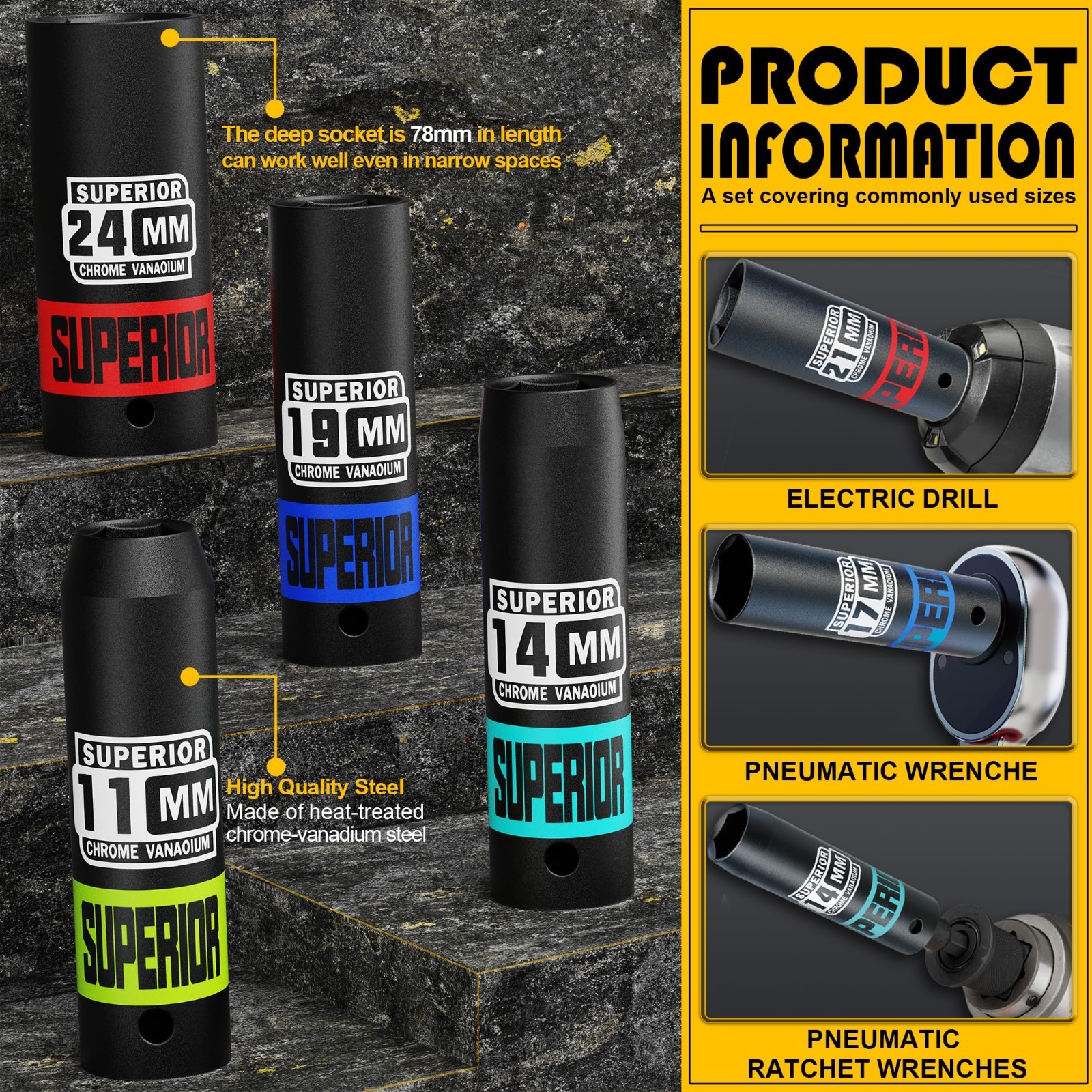 14-Piece 1/2″ Drive Metric Impact Socket Set, 8mm-22mm Deep Sockets, Quick-Relea