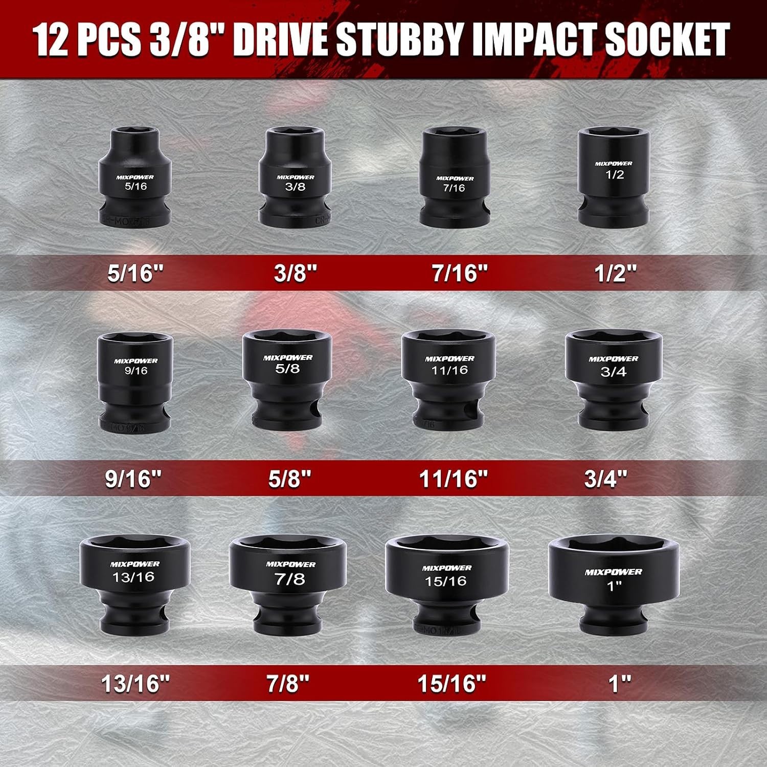 Piece Stubby Impact Socket Set 3/8″ Drive SAE 6-Point