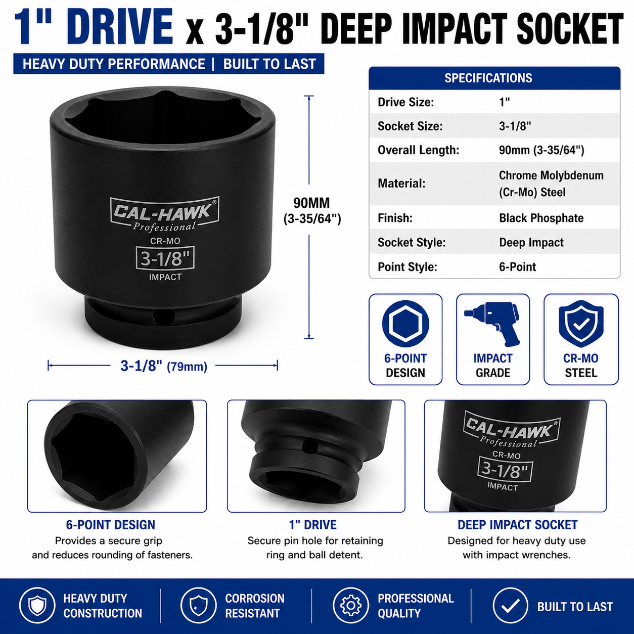 1″ Dr 3-1/8″ Deep Impact Socket 90mm Chrome Molybdenum Cr-Mo Heavy Duty