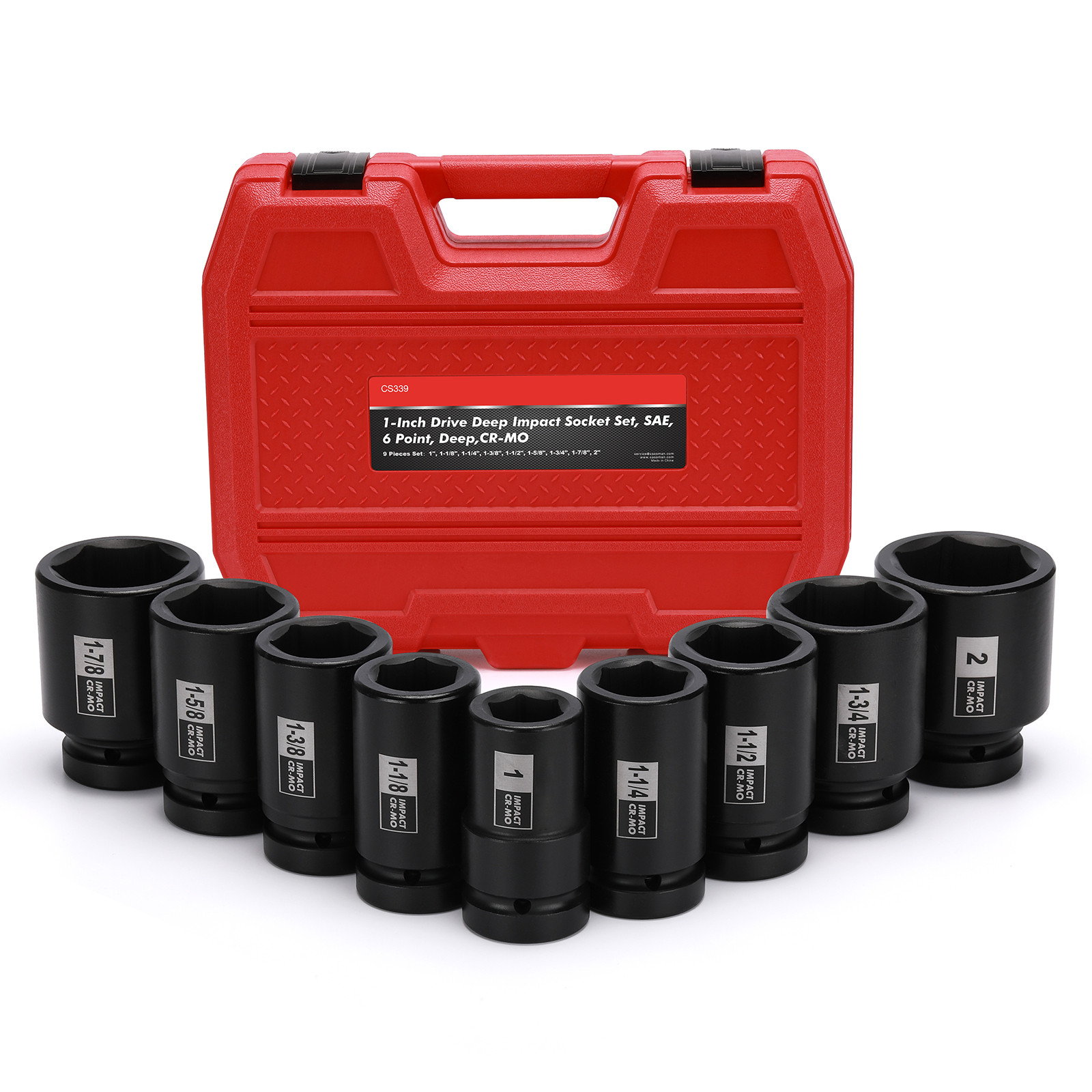 1″ Drive Spindle Axle Nut Impact Socket Set Deep 1″ to 2″ 9PCS 6-Point SAE CR-MO