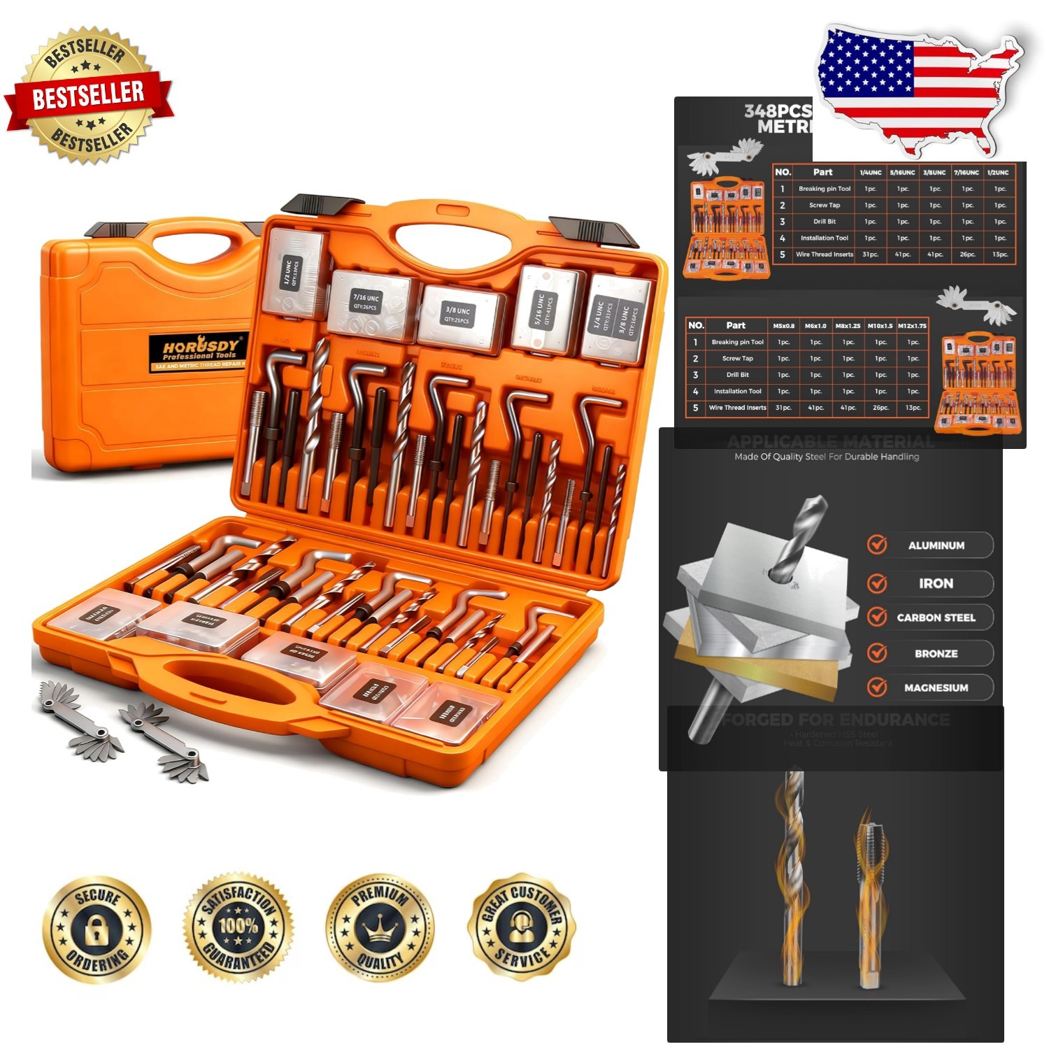 Complete 348pc Thread Restoration Kit – Metric SAE HSS Taps Inserts Organizer