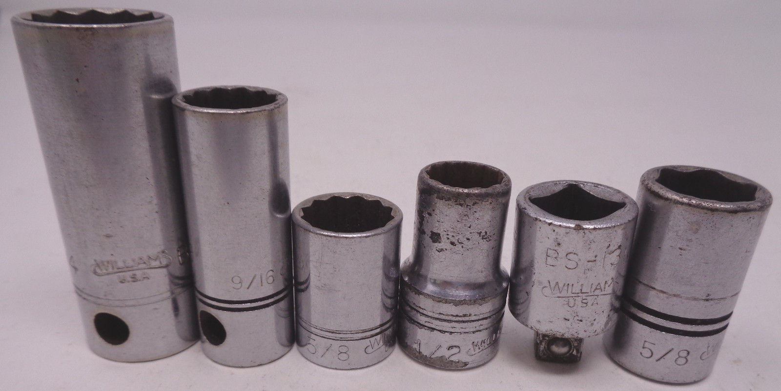 Lot of 5 Williams USA 6 & 12 point sockets, BS-131 3/8”-1/2” adapter