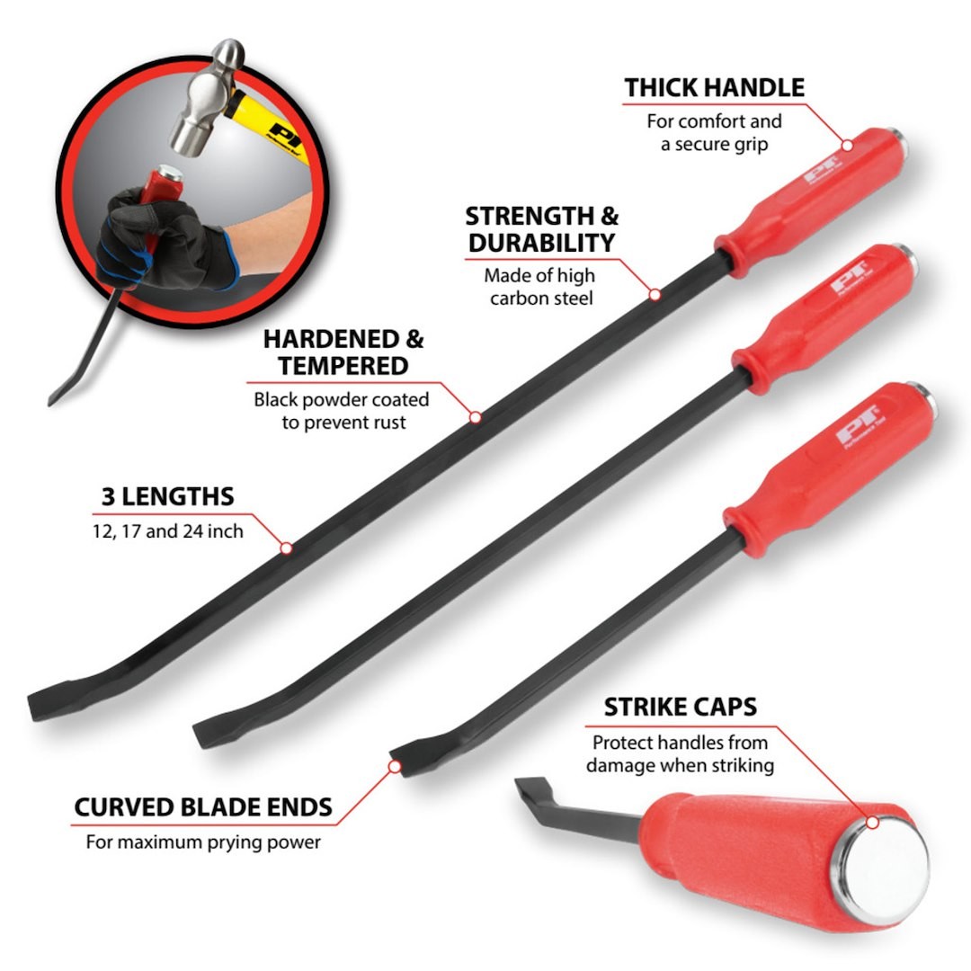 Pry Bar Set 3 Piece Curved Blade 12 17 24 Inch Strike Cap Steel