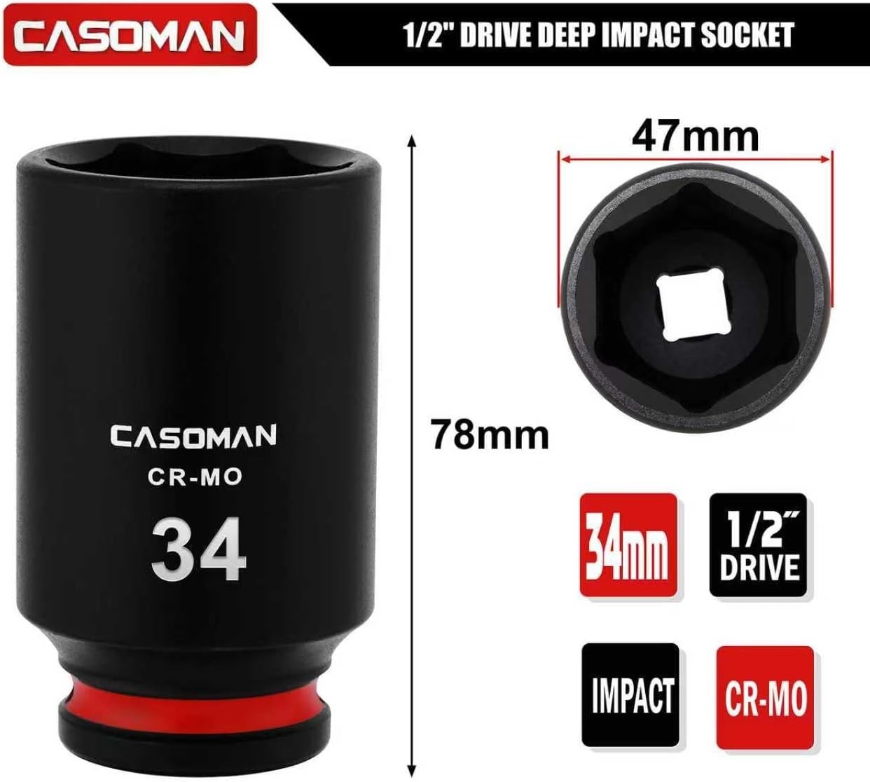 CASOMAN 1/2″ Drive x 34mm Deep Impact Socket, 6-Point, Metric, CR-MO