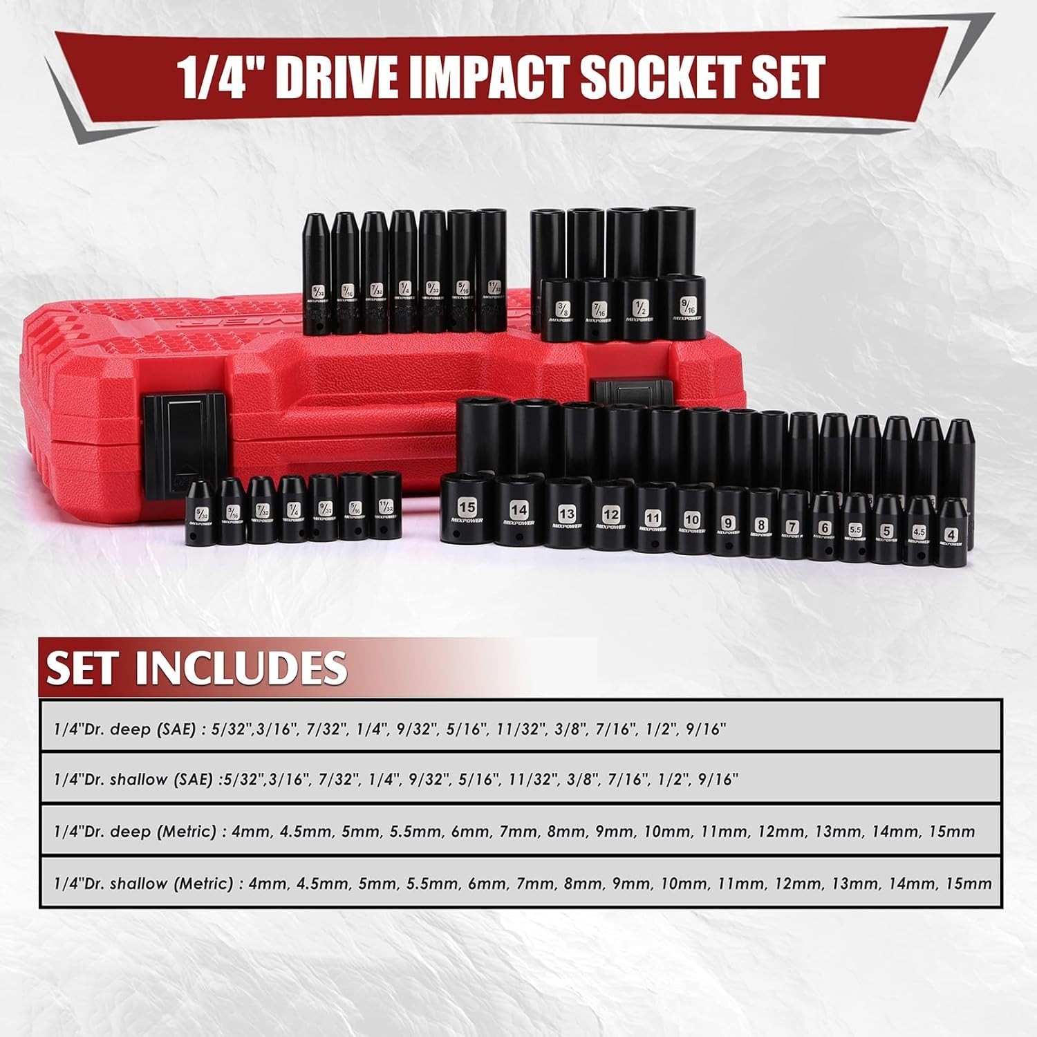 Professional 1/4″ Dr. Impact Socket Set, 50-Pc, CR-V Steel
