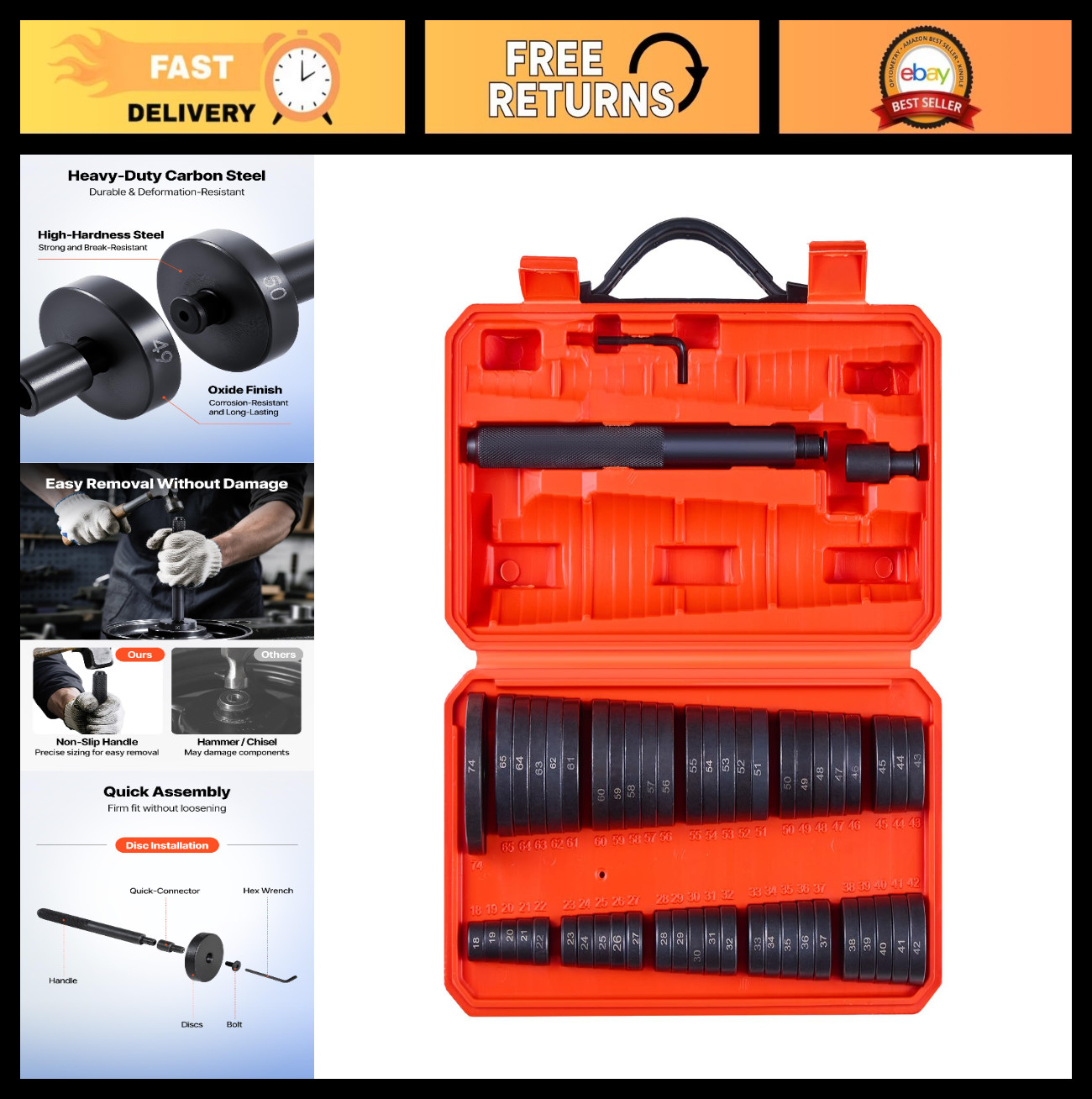 52 Pcs Bearing Press Kit – Race & Seal Driver Set with 49 Bushings & Handle Tool