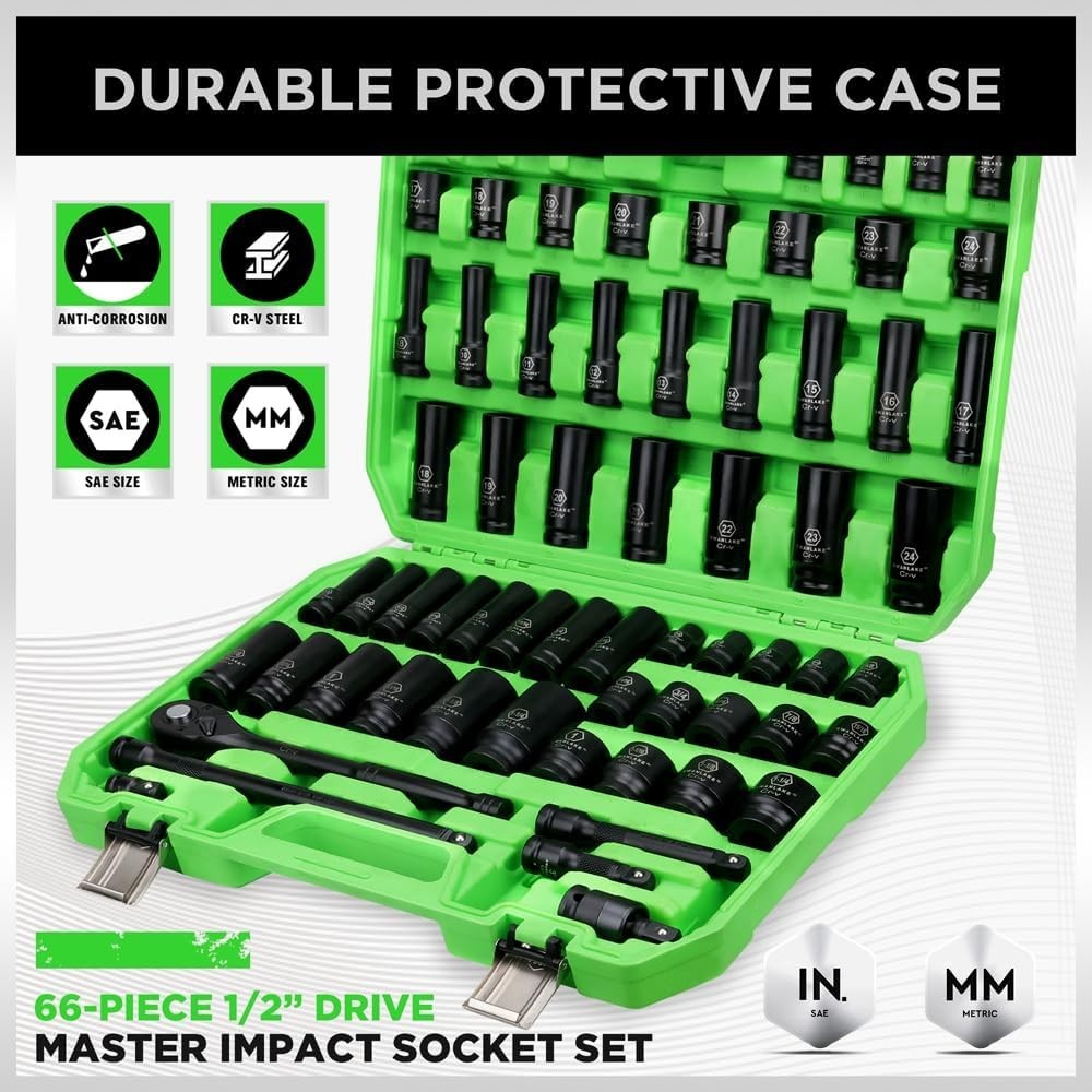 SWANLAKE 1/2″ Drive Impact Socket Set, 66-Piece St