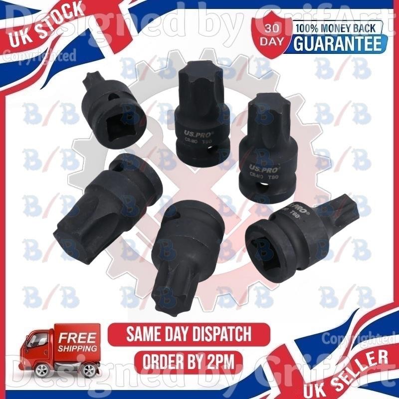 US PRO 6PC 1/2″ DRIVE IMPACT STAR TORX SOCKET BIT SET T55 T60 T70 T80 T90 T100