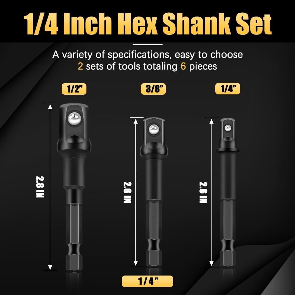 6 PCS Socket Adapter Set: Cr-V Drill Adapters, Hex to Square Conversion