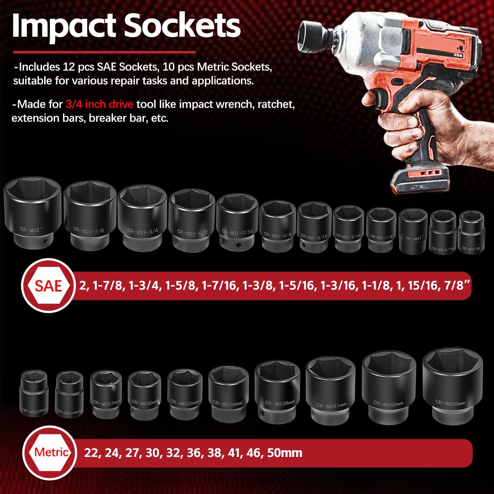 3/4″ Drive Impact Socket Set 27Pcs Standard SAE 7/8″-2″ Metric 22-50mm 6 Point