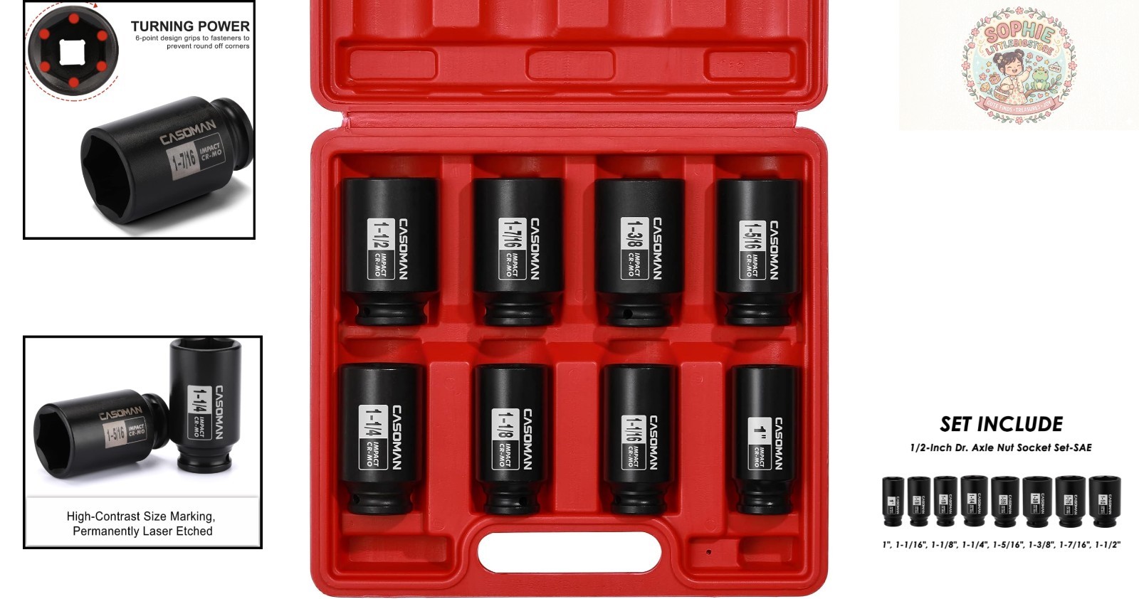 Durable Chrome Molybdenum 8-Piece Deep Impact Socket Set – Fits 1″ to 1-1/2″