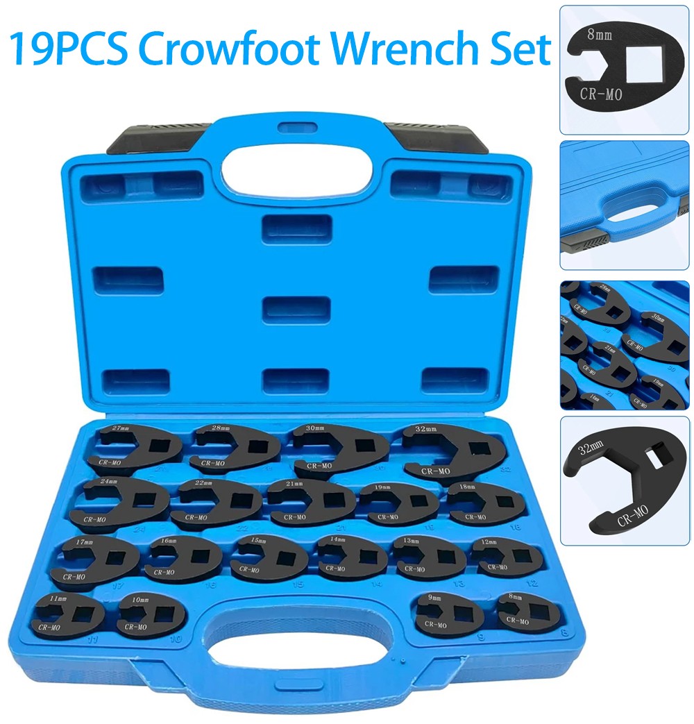 19Pcs Crows foot Wrench Set 1/2″ 3/8” Drive Flare Nut Crowfoot Wrench Set Metric