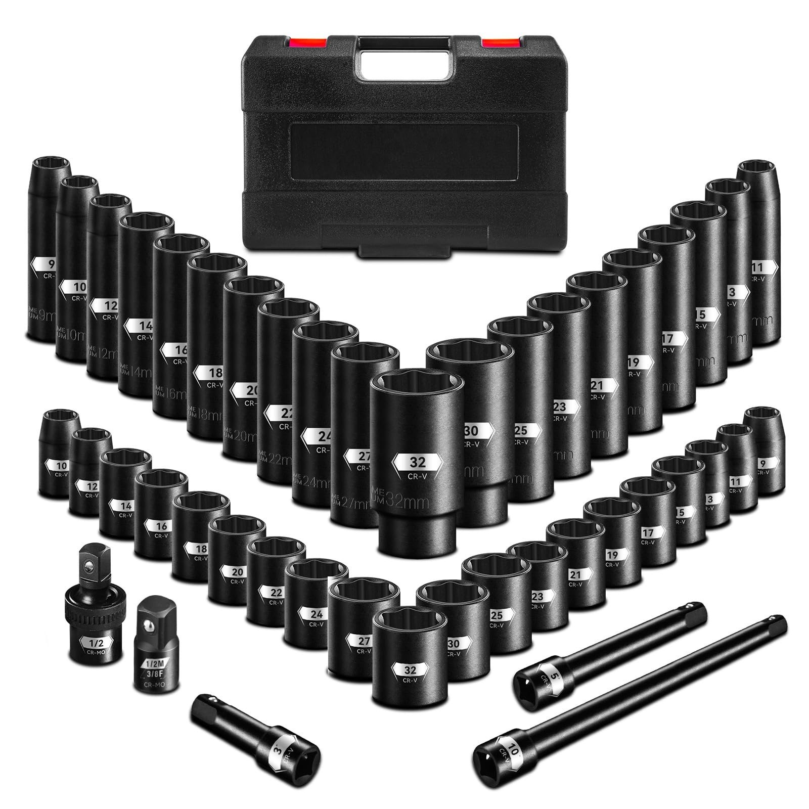45PCS 1/2″ Drive Metric Impact Socket Set, Deep & Shallow Sockets, 9-32mm, Chrom