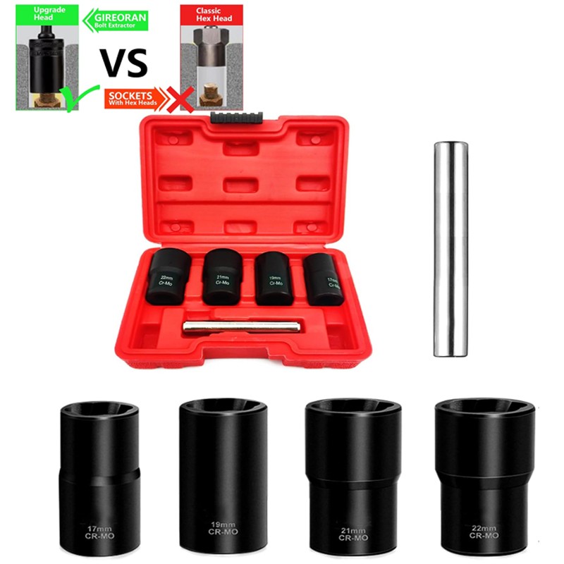 5pc Wheel Nut Removal Tool Set, 1/2 Inch Impact Torque Socket Set Bolt Extractor