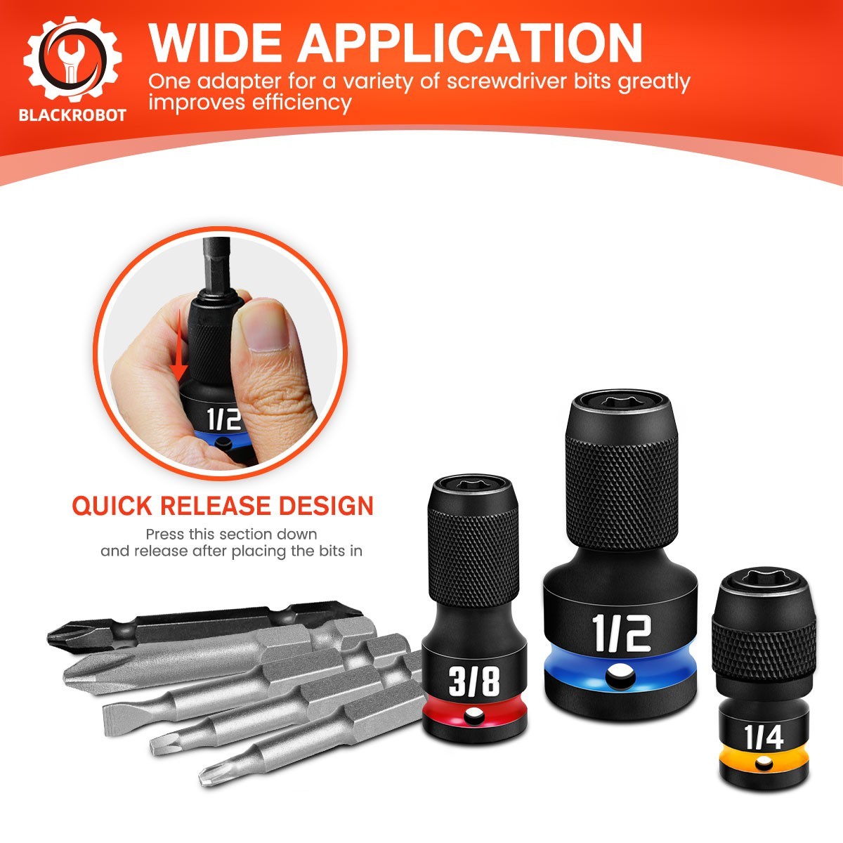 Impact Bit Holders 3/8 1/4 1/2-Inch Square Drive to 1/4-Inch Hex Socket Adapter