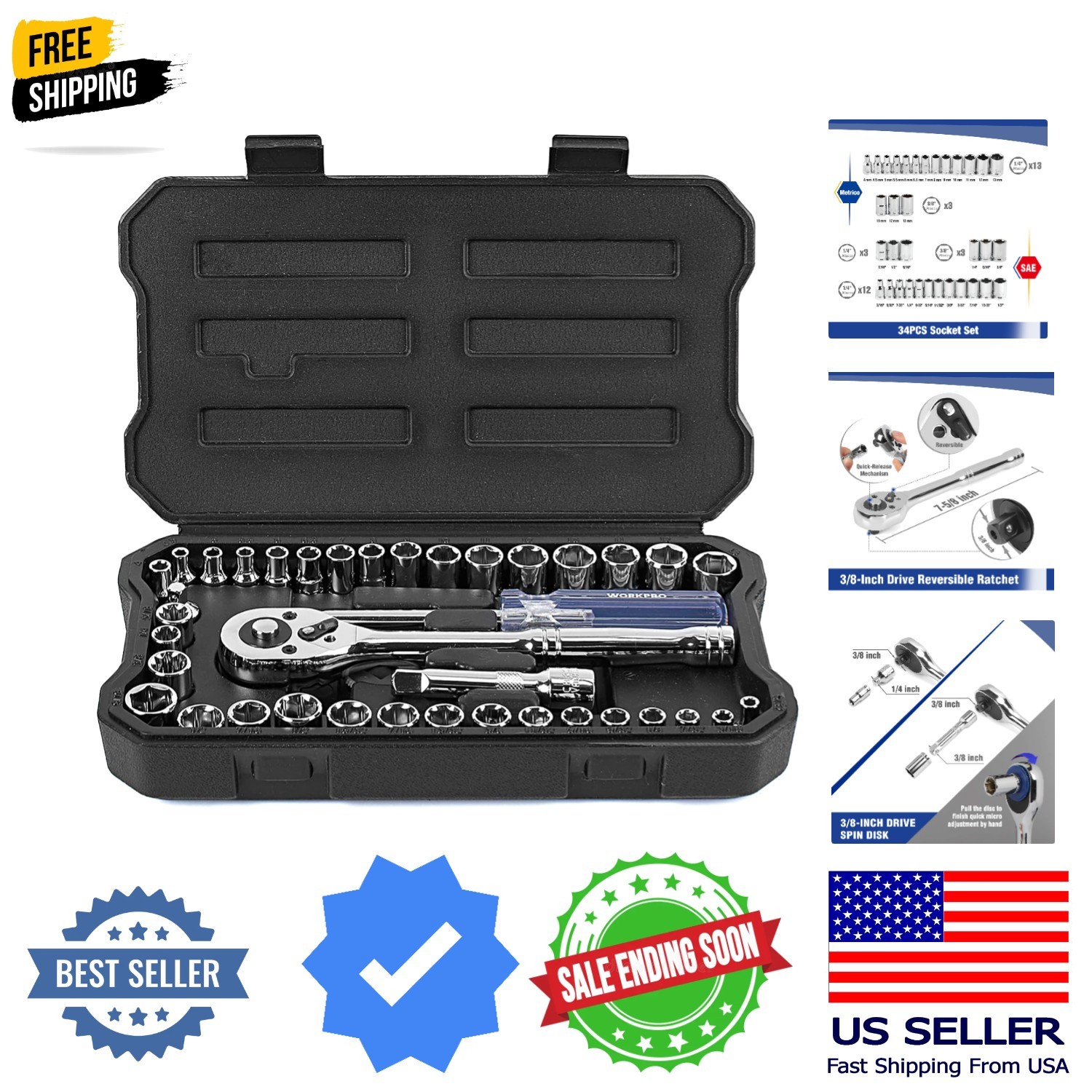 39-Piece Drive Socket Set 1/4» & 3/8», CR-V Metric and SAE Sockets with Qui…