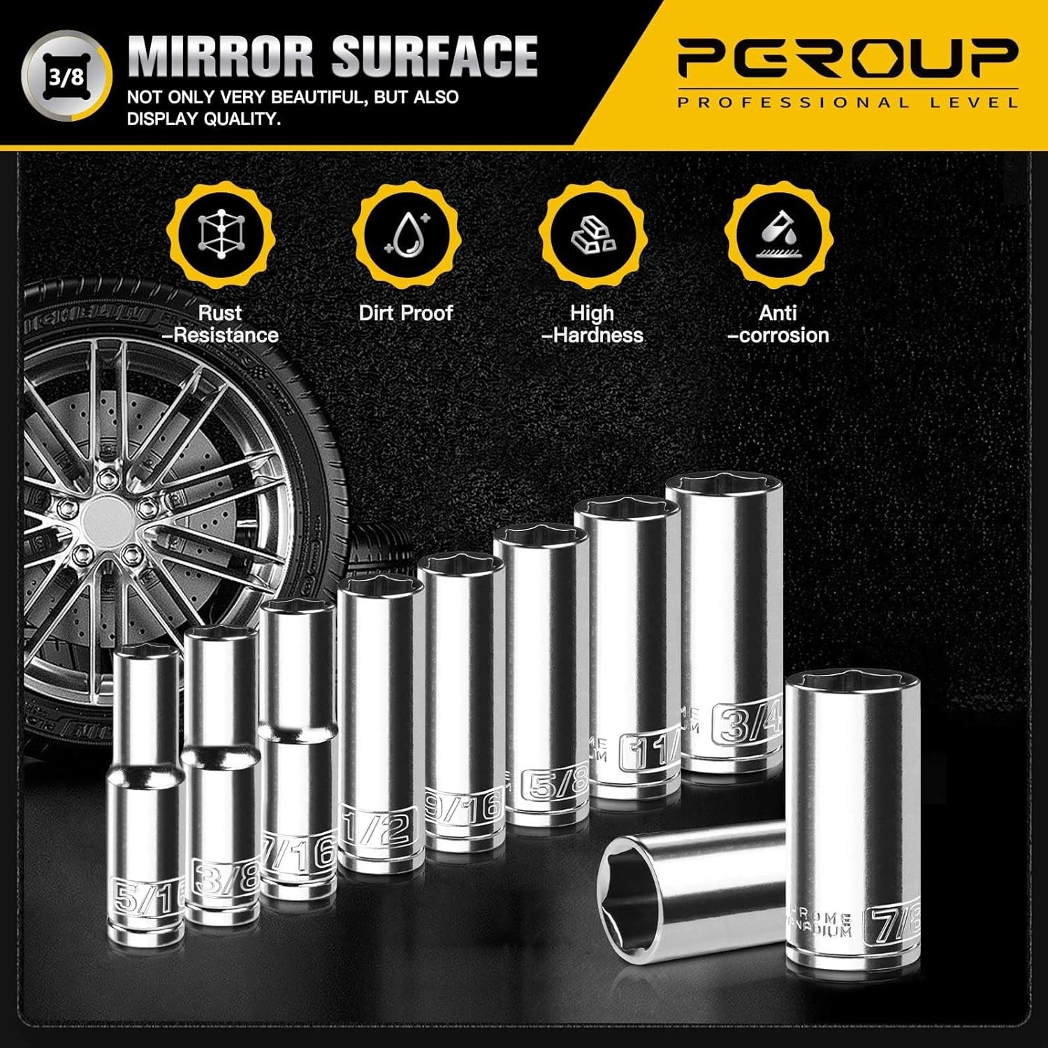 Complete 10-Piece SAE Deep Socket Set – 3/8 Drive, Chrome Finish & Mounting Rack