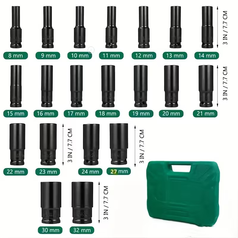 20pcs 1/ 2 «drive Metric Deep Impact Sleeve Set, Cr-V Metric Sleeve Set 8mm-32mm