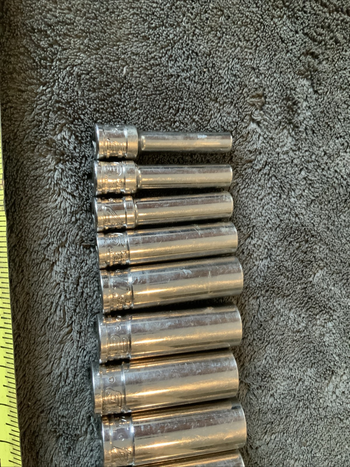 Snap On 1/4” Deep Sockets, 6pt, New Style…5,6,7,9,11,12,13,14,15….see Pics…mmm
