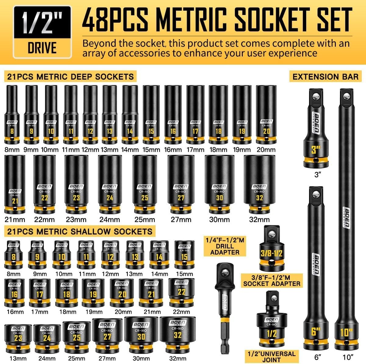 48PCS 1/2” Drive Metric Socket Set, Impact Deep&Shollow Socket8mm-32mm, for L…