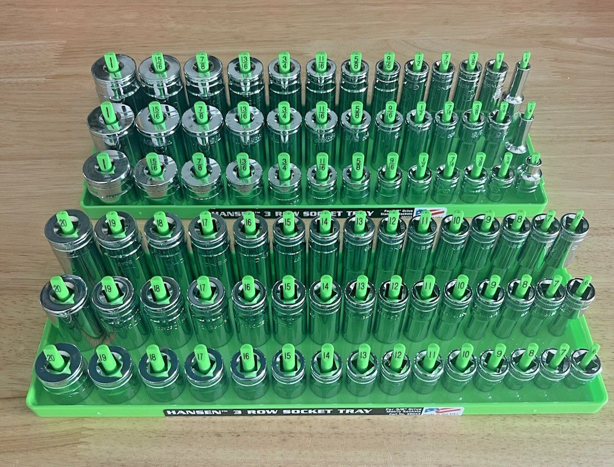 GearWrench 3/8” Metric & SAE Shallow Mid Deep 6 pt Sockets w/ Hansen Trays