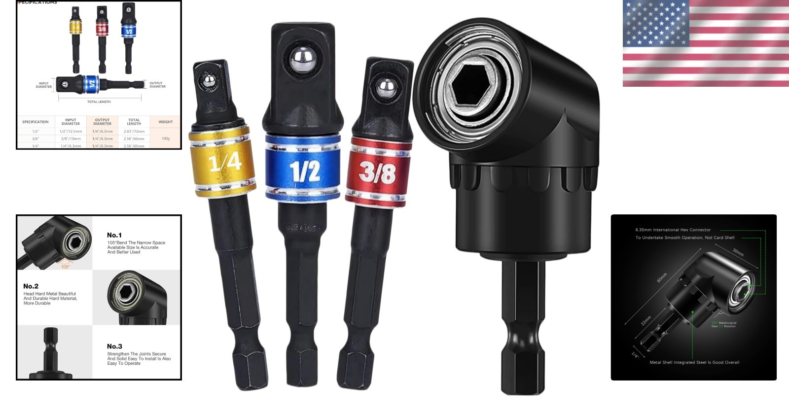 Impact Grade Driver Sockets Extension Set 3Pcs 1/4 3/8 1/2″