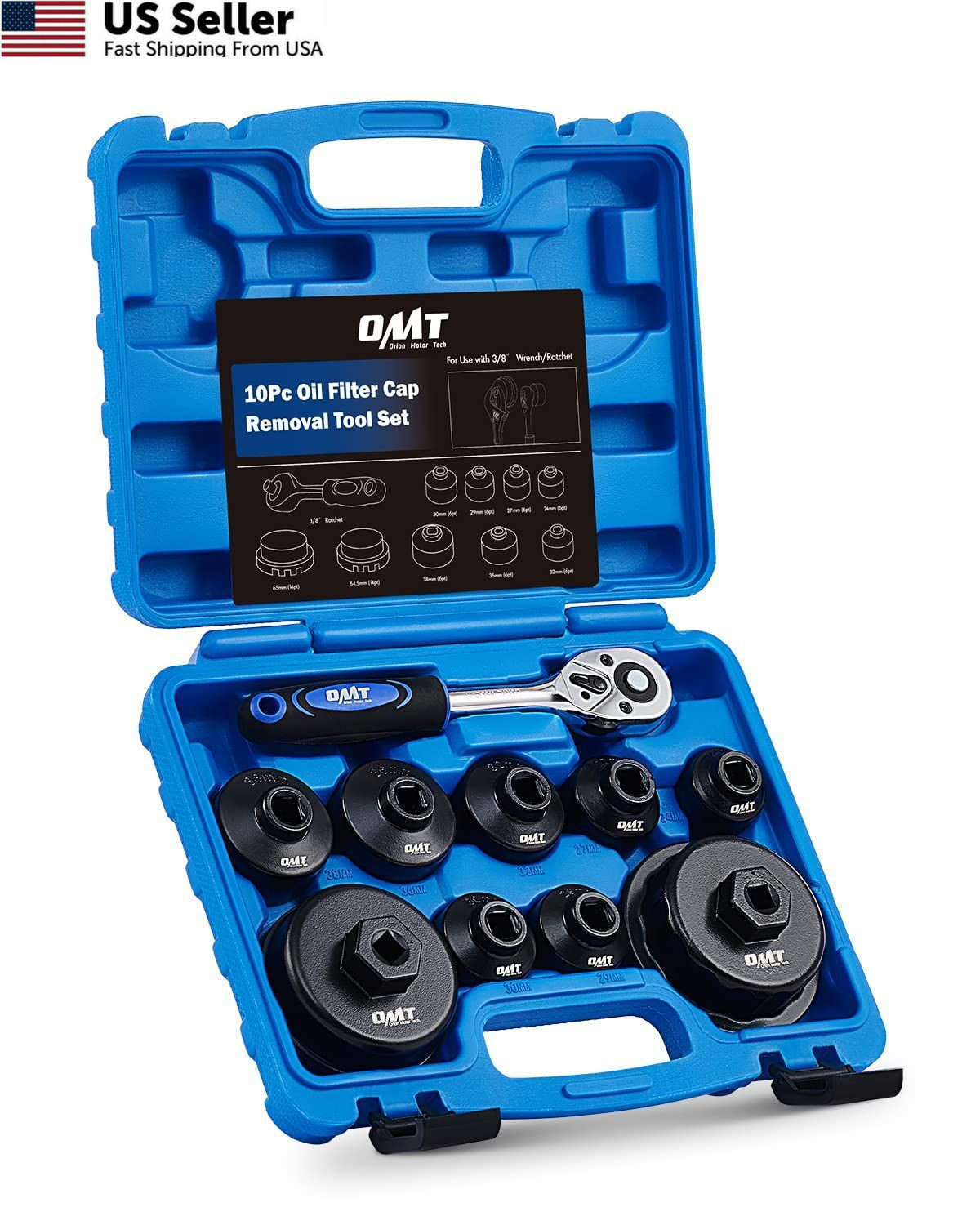 Orion Motor Tech Oil Filter Wrench Set, 10pc 9 Sizes from 24 to 64.5mm, Blue