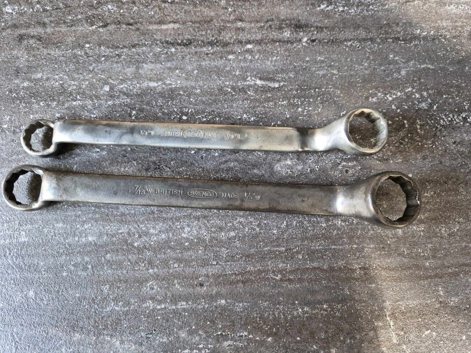 Pair of Vintage ‘BRENCO’ Whitworth Ring Spanners. 1/2 & 7/16. 7/16 & 3/8. VGC UK