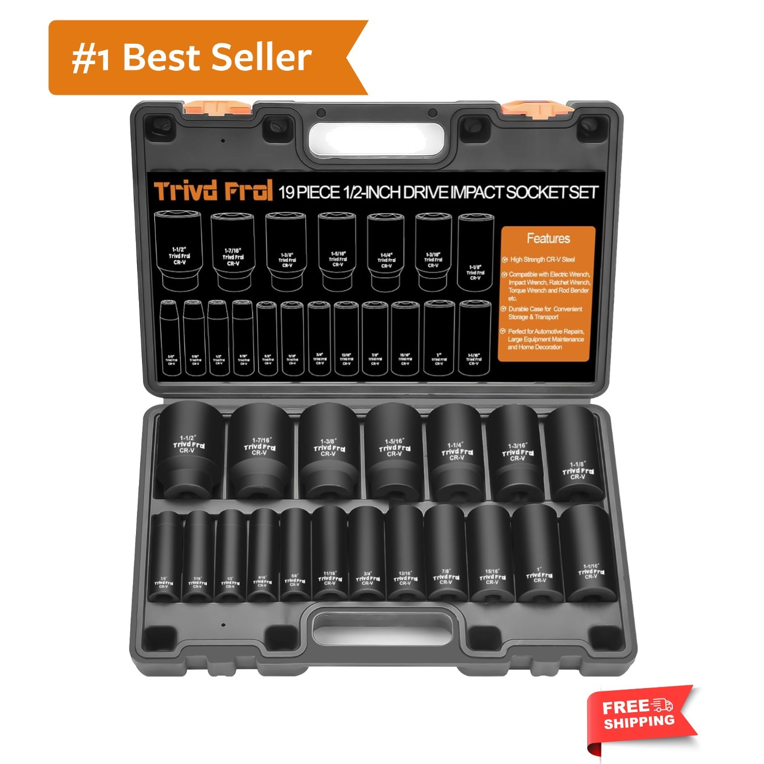 SAE Impact Socket Set – 1/2″ Drive, 19pc Deep Socket Set 3/8″ to 1-1/2″, Cr-V…