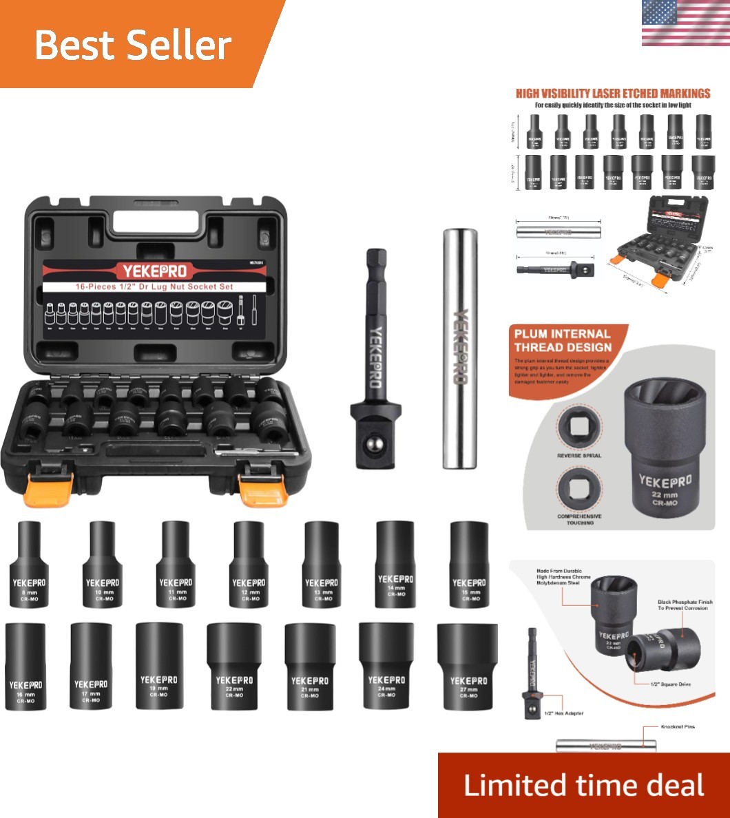 Professional 16-Piece Impact Twist Socket Set for Rusted & Damaged Fasteners