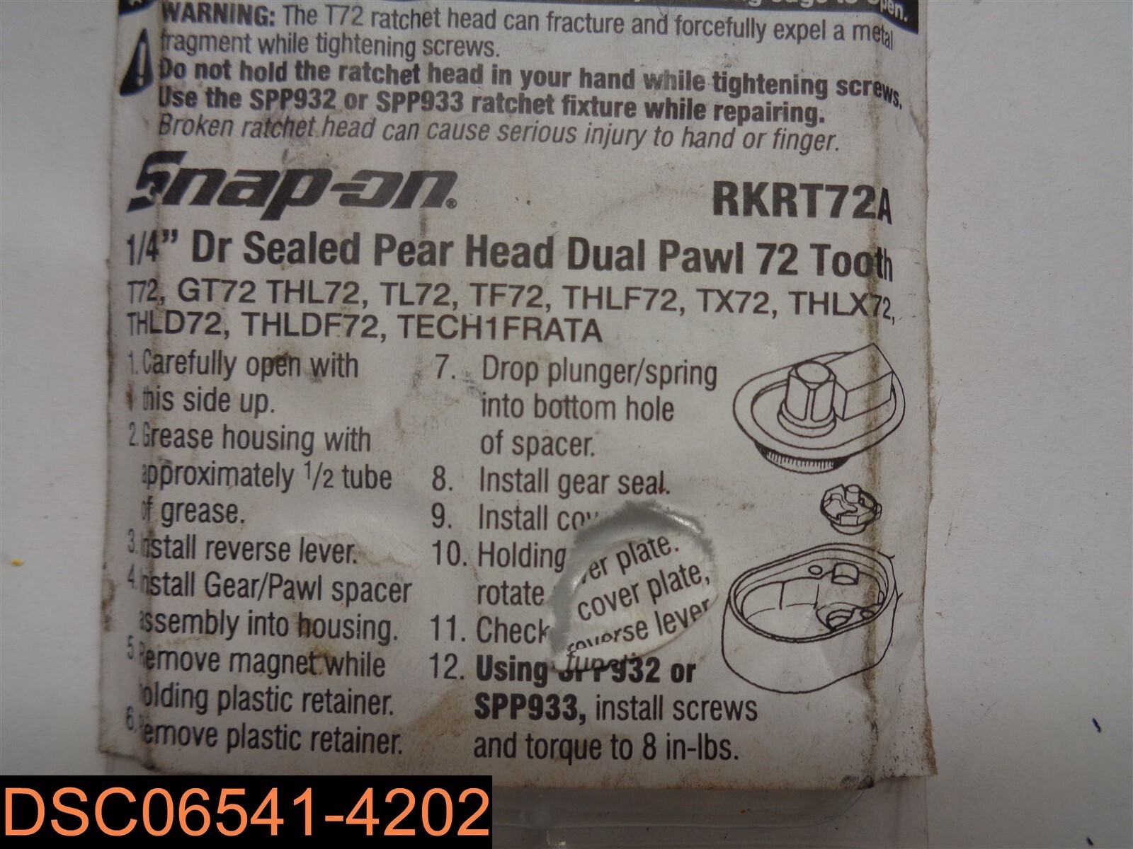 Snap-on Ratchet Repair Kit RKRT72A, SPP932, THLDF72, TECH1FRATA, THLD72, THLX72