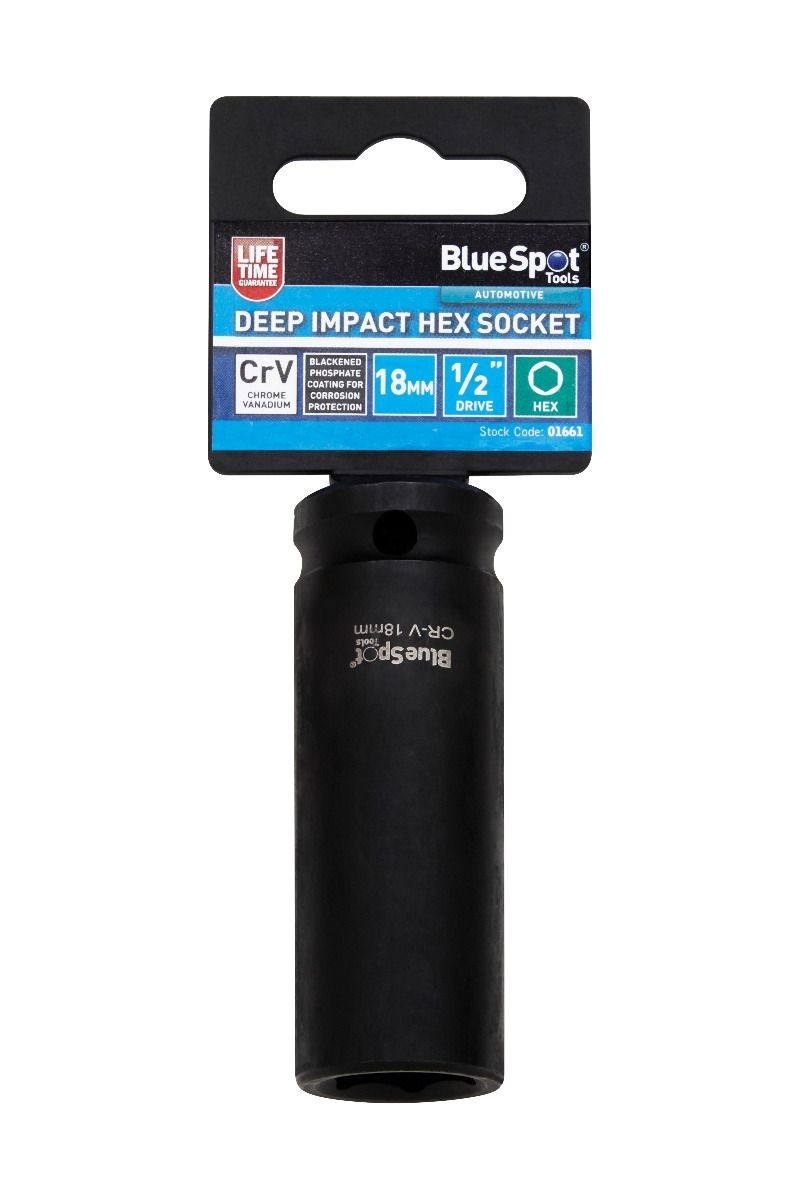 Blue Spot 1/2″ Drive 18mm Deep Impact Socket 6 Point Hex CRV Steel Heavy Duty