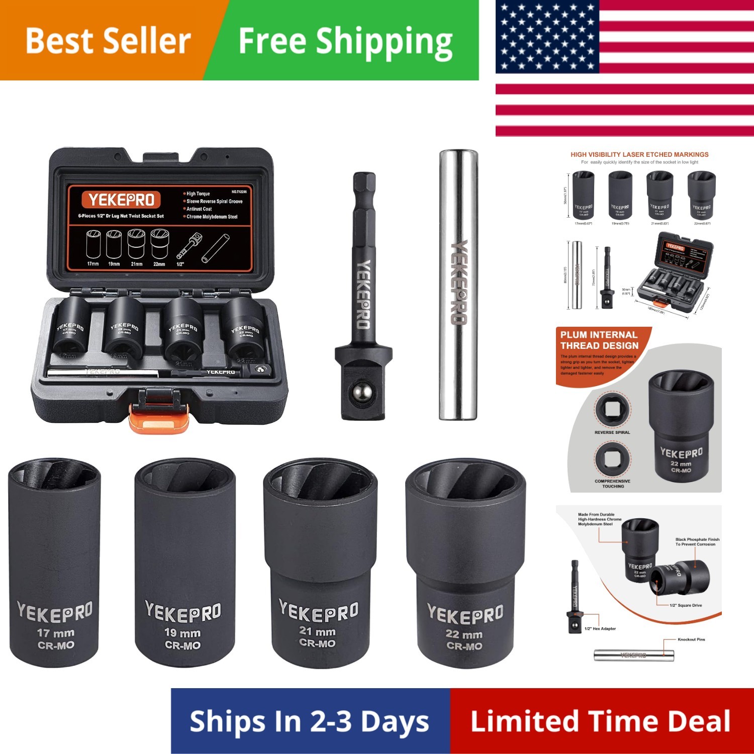6 PCS Lug Nut Removal Tool, 1/2-inch Drive Impact Twist Socket Set & Bolt Ext…