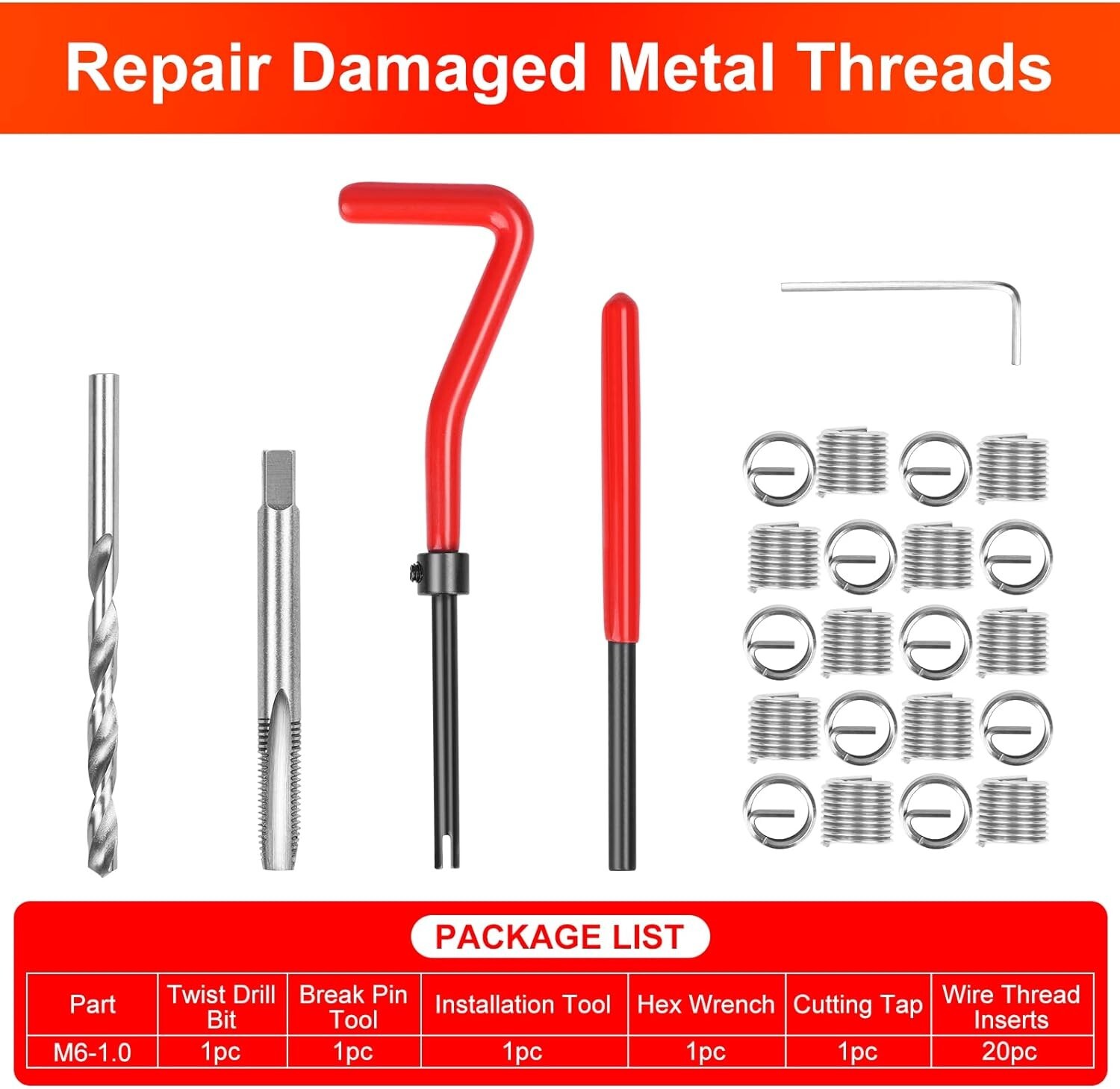 M6x1.0 Helicoil Thread Repair Kit, 25PC Stainless Steel Insert Set