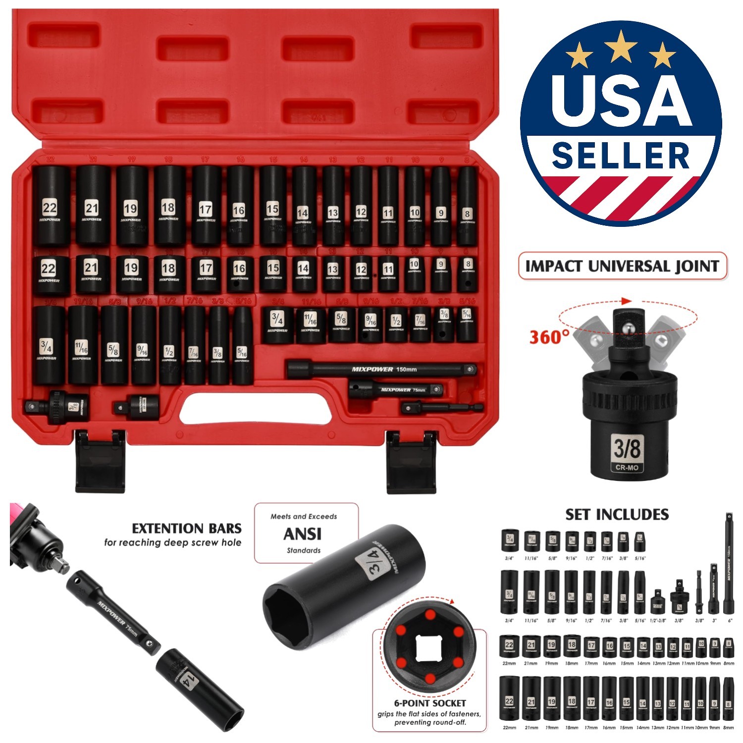 49-Piece 3/8″ Drive Deep Impact Socket Set – Chrome Vanadium Durability