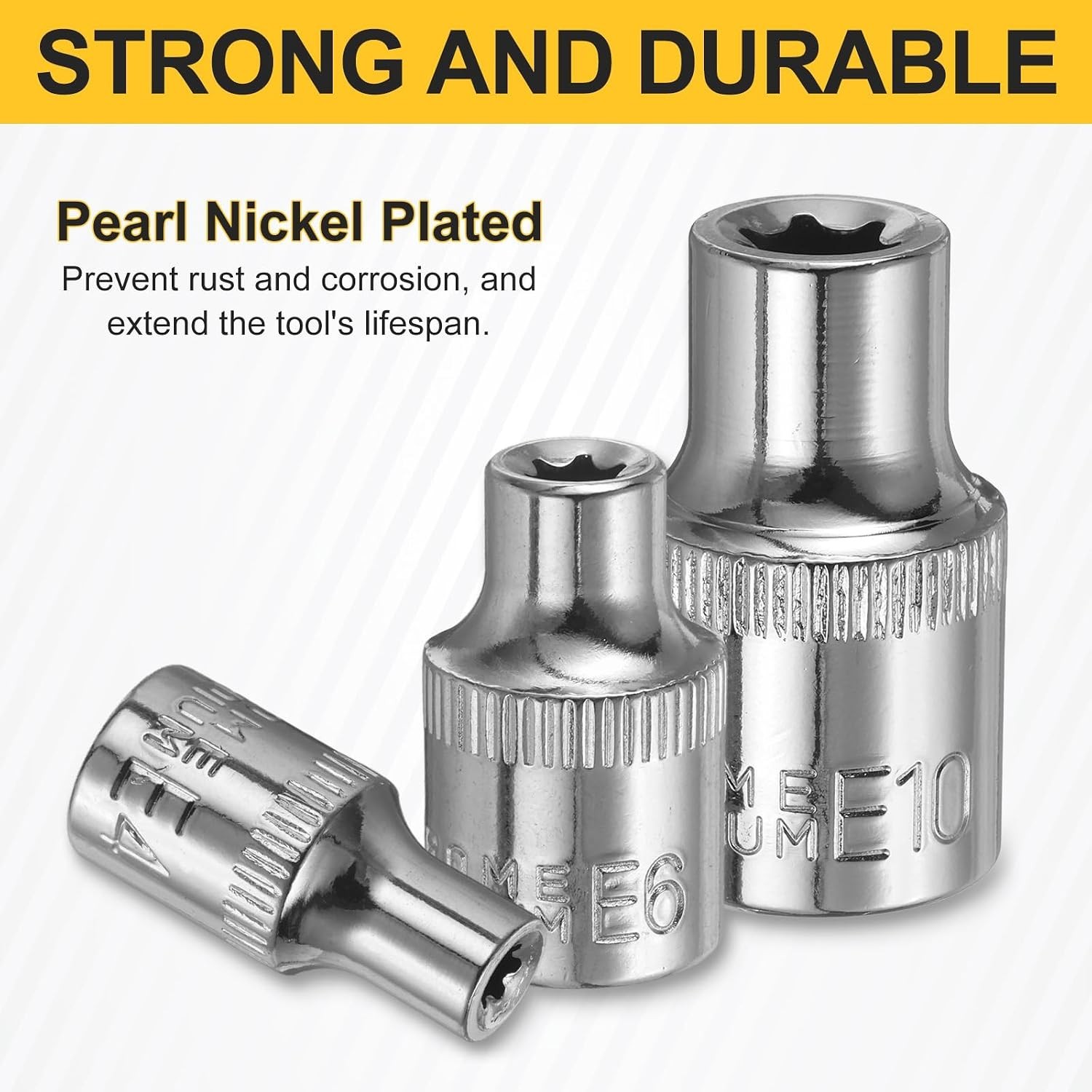 2 Pc E-Torx Socket, E10, 1/4″ Drive, Deep, Polished Chrome Vanadium Steel