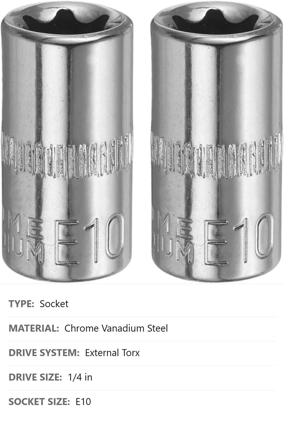 2 Pc E-Torx Socket, E10, 1/4″ Drive, Deep, Polished Chrome Vanadium Steel