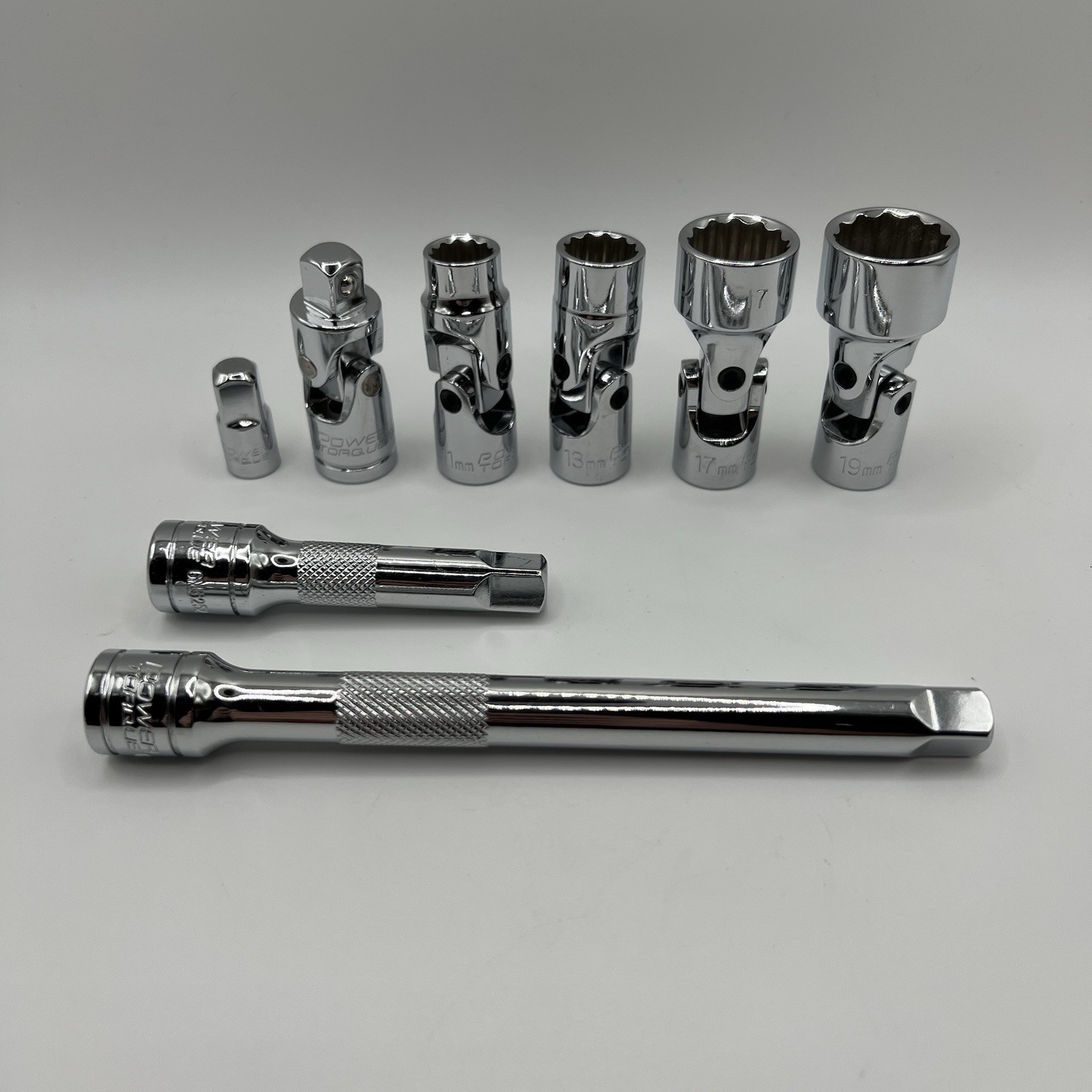 Power Torque 3/8″ Drive Metric Swivel Socket Lot 11 13 17 19mm w/ Accessories