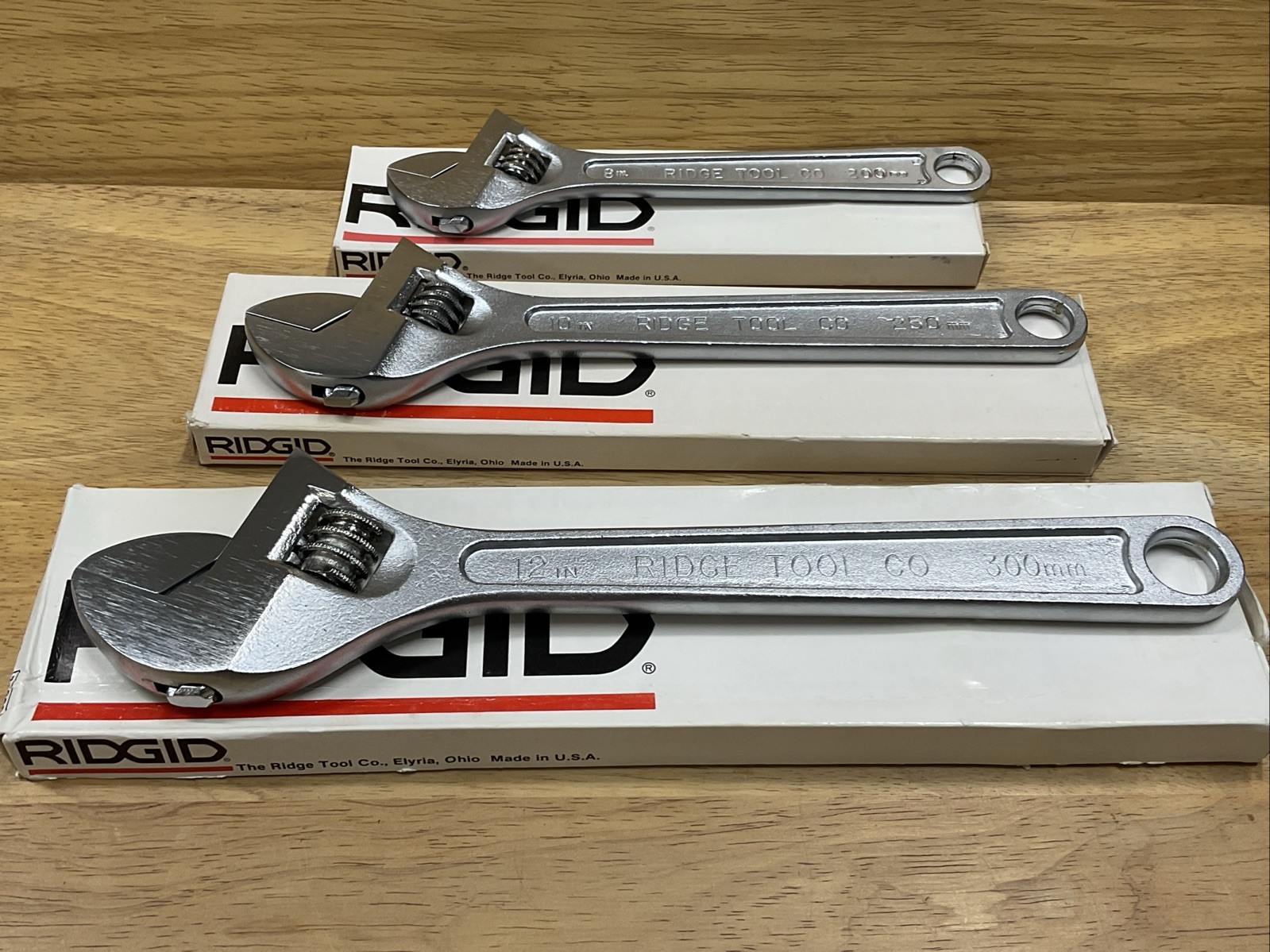 Vintage NOS Ridge Tool Co Ridgid 3 Pc Adjustable Wrench Set 8″ 10″ 12″ USA