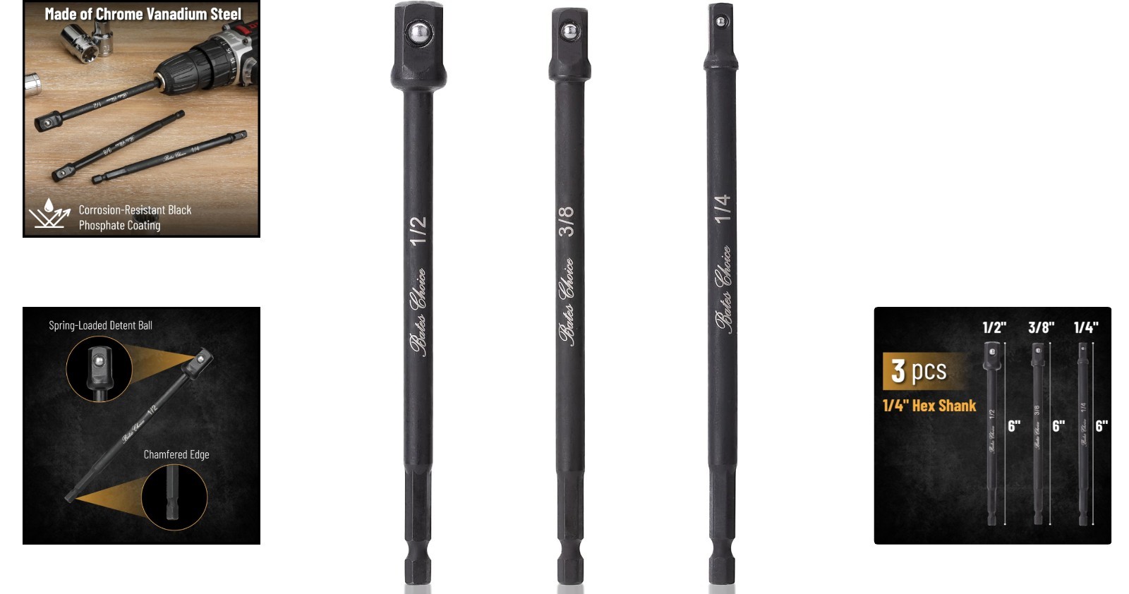 Bates 3-Piece Impact Socket Adapter Set, 6-Inch for 1/4″, 3/8″, and 1/2″ Sockets