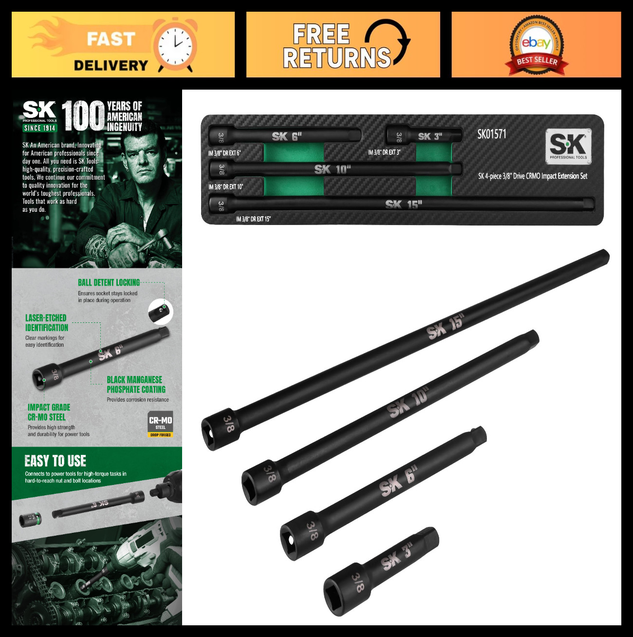 4-Piece 3/8″ Drive Impact Socket Extension Set – 3″, 6″, 10″, 15″ Cr-Mo Steel